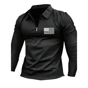 Men's Patriotic American Flag Print Long Sleeve Shirt - Casual, Stylish Golf Top with Zipper Detail, Machine Washable, Perfect for All Seasons