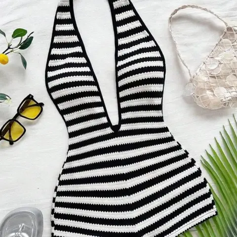 Women's New Fashion Comfortable Versatile Casual Deep V Neck Halter Striped Knit Chic Romper Vest Jumpsuit Shorts Set, Stylish All-Season Wear, Womenswear