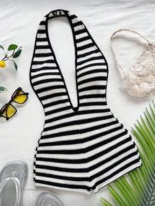 Women's New Fashion Comfortable Versatile Deep V Neck Halter Striped Vest Jumpsuit Shorts Set, Stylish All-Season Wear