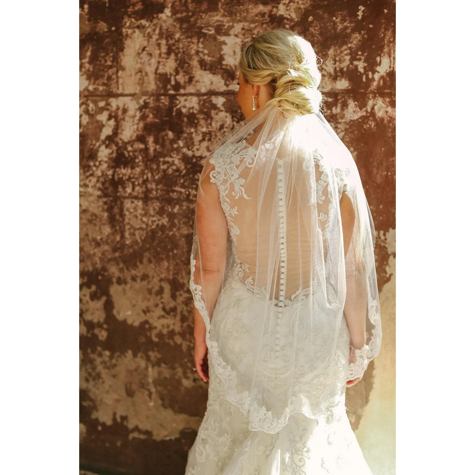 Elbow Length Lace Wedding Veil with Partial Trim, Short Bridal Veil