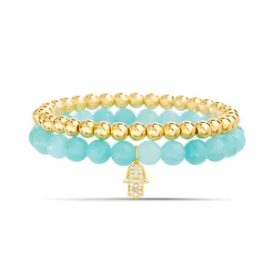 Aqua Jade Hamsa Charm Stretch Bracelet Set