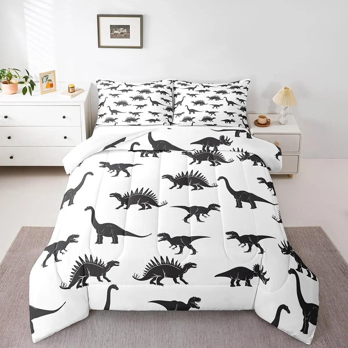 Dinosaur Comforter Set Dino Silhouettes Bedding Set,Wildlife Animals Black White Duvet Sets Adult Bedroom Decor Dinosaurs Comforter with 1