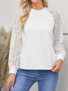 Women's Plain Hollow Out Raglan Sleeve Tee, Casual Long Sleeve Round Neck Top for Spring & Fall, Women's Clothing for Daily Wear