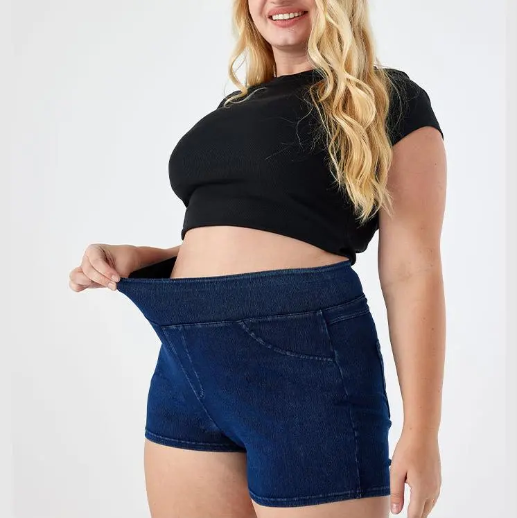 Women's Plus Size High Stretchy Fit Basic Preppy Minimalist Skinny Yoga Denim Shorts - Double-Pocket Casual Workout & Lounge Jeans Bottoms, Slim, Soft Stretchy Shorts, Style, Skinny Jeans, Stretch Denim Shorts