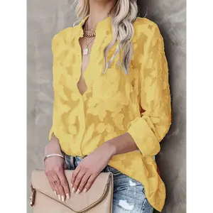 Elegant Semi-Sheer Long Sleeve Jacquard Button Up Blouse - Solid Color, Polyester, Lapel Collar, Embroidered, Machine Washable - Perfect for Spring, Summer, and Fall Seasons Top Shirts Chic Fabric Womenswear Fitted Collared Comfort Black