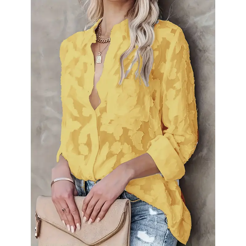 Elegant Semi-Sheer Long Sleeve Jacquard Button Up Blouse - Solid Color, Polyester, Lapel Collar, Embroidered, Machine Washable - Perfect for Spring, Summer, and Fall Seasons Top Shirts Chic Fabric Womenswear Fitted Collared Comfort Black
