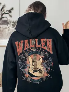 Women's Casual Hoodie with Vintage Guitar Print, Wallen Nashville Tennessee Design, Loose Fit, Fall & Winter Fashion, Daily Wear