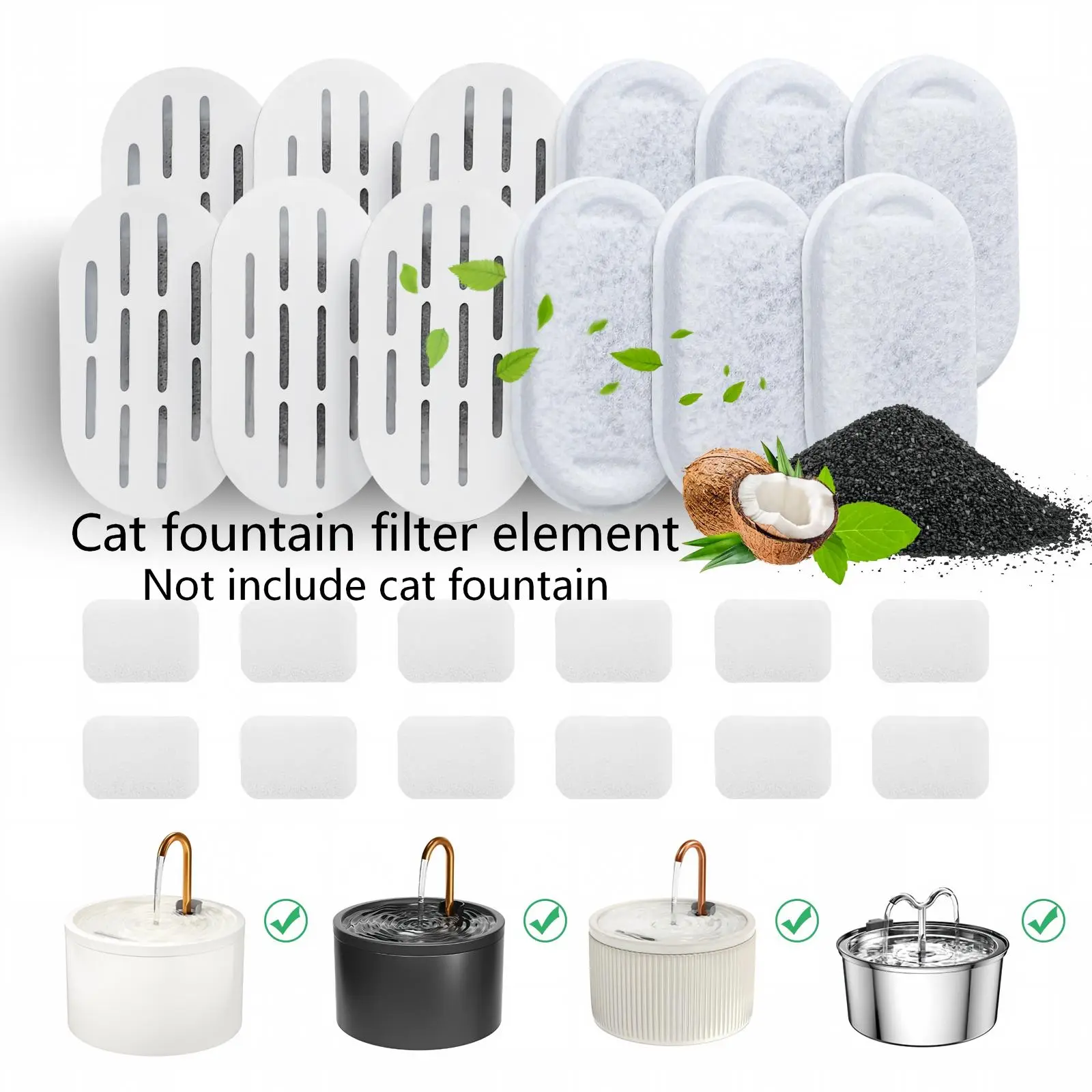 MISFANS Resin Water Filtration Replacements for D02-D03 Cat Water Fountains, 12-Packs Carbon+Sponge Filters with Odor Removal, Excludes Fountain/Automatic Bowl, Not for Other Brands