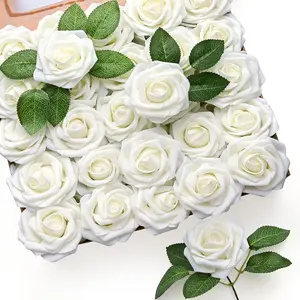 50Pcs White Rose Artificial Flowers, Ivory Roses for Decorations, Real Touch Foam Fake Rose with Stems Bulk DIY Wedding Bouquet Bridal Shower Centerpieces Floral Arrangement Party Table Decor