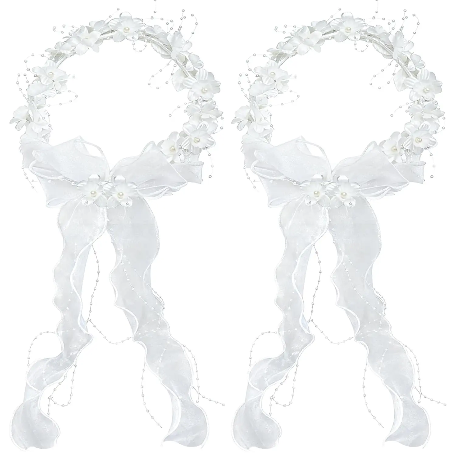 Girls' First Communion Headpiece - White Polyester Floral Wreath with Pearl Details, Bow Accents, Mesh Overlays & Veil, Lightweight Comfortable Floral Mesh for Church Ceremony, Wedding Events
