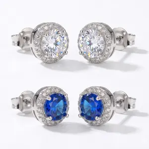 Round Halo Stud Earrings, Cubic Zirconia & Sapphire Color Options, Silver-Tone Statement Jewelry for Women