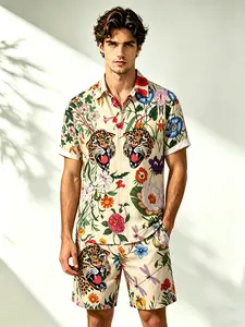 Vintage Floral Leopard Print Men's Set, Loose Breathable Short Sleeve Blouse and Shorts, Casual Vacation Wear, Lightweight Fabric