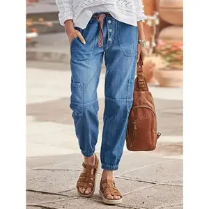 Women’s front-button multi-pocket jogger jeans with drawstring waist, casual fit