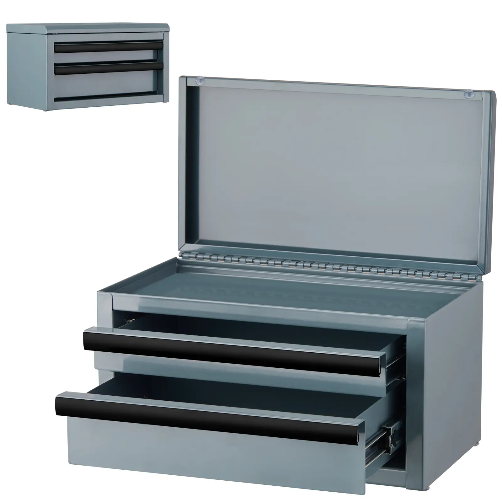 Mini Metal ToolBox, Top Tool Chest containing Two Drawers and Top Storage Area with Ball Bearing Slides, PP Feet Pads, Cold Rolled Steel Small Toolbox for Multi-function Storage, Workbench Toolbox, Garage Tool Storage, Tool Organization