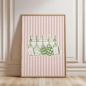 Tea Cups Kitchen Print, Vintage Striped Mugs Print, Cottagecore Kitchen Wall Art, Coffee Bar Decor, Green Mug Print, Farmhouse Kitchen Art