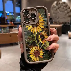 Artistic Sunflower Pattern Phone Case for iPhone 17 16 15 14 Pro Max 13 12 11 XR XS Plus Air Shockproof Non Slip Military-Grade Protection Silicone Cover