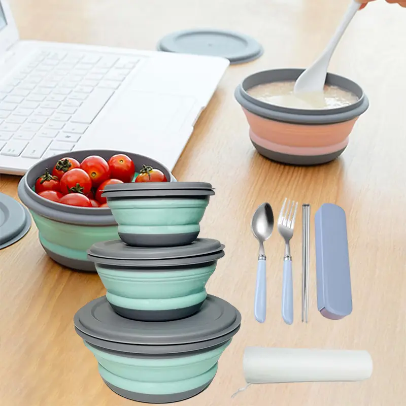A set of 3 foldable bowls,covered with silicone folding bowls,salad,fruit,snack,and instant noodle bowls,Outdoor kitchenware - outdoor bowls with Free folding tableware and storage bag
