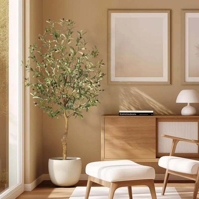 5FT-B Artificial Olive Tree for Home Decor, Tall Fake Olive Tree with Moss, Realistic Trunks, Adjustable Branch, Faux Silk Plant Nursery Decorative Fruit Plastic Nature Pot Ornaments