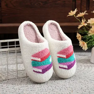 Women's Cute Preppy Book Stack Slippers Soft Faux Fur Warm Cozy Non-Slip Sole Indoor Outdoor Comfort Footwear Embroidered Design Fashion Slippers for Girls Ladies Daily Wear Gift - Slide, Shoe