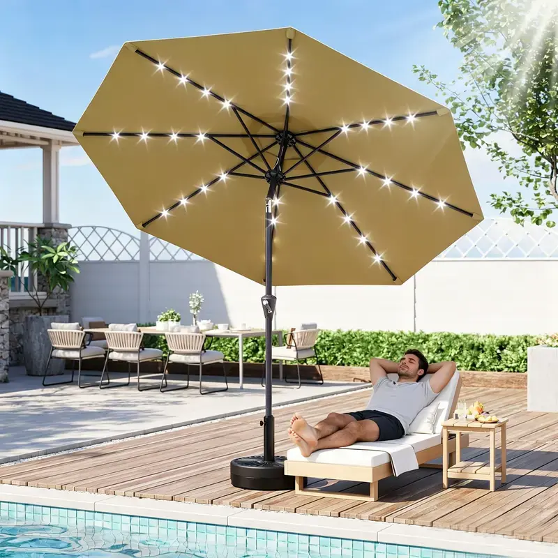 9FT Sturdy Outdoor Patio Umbrella with Solar LED Lights, 8 Heavy-Duty Ribs, 30° Dual Tilt Design, Easy Crank Lift, Weather Resistant Sun Parasol for Garden, Balcony, Terrace