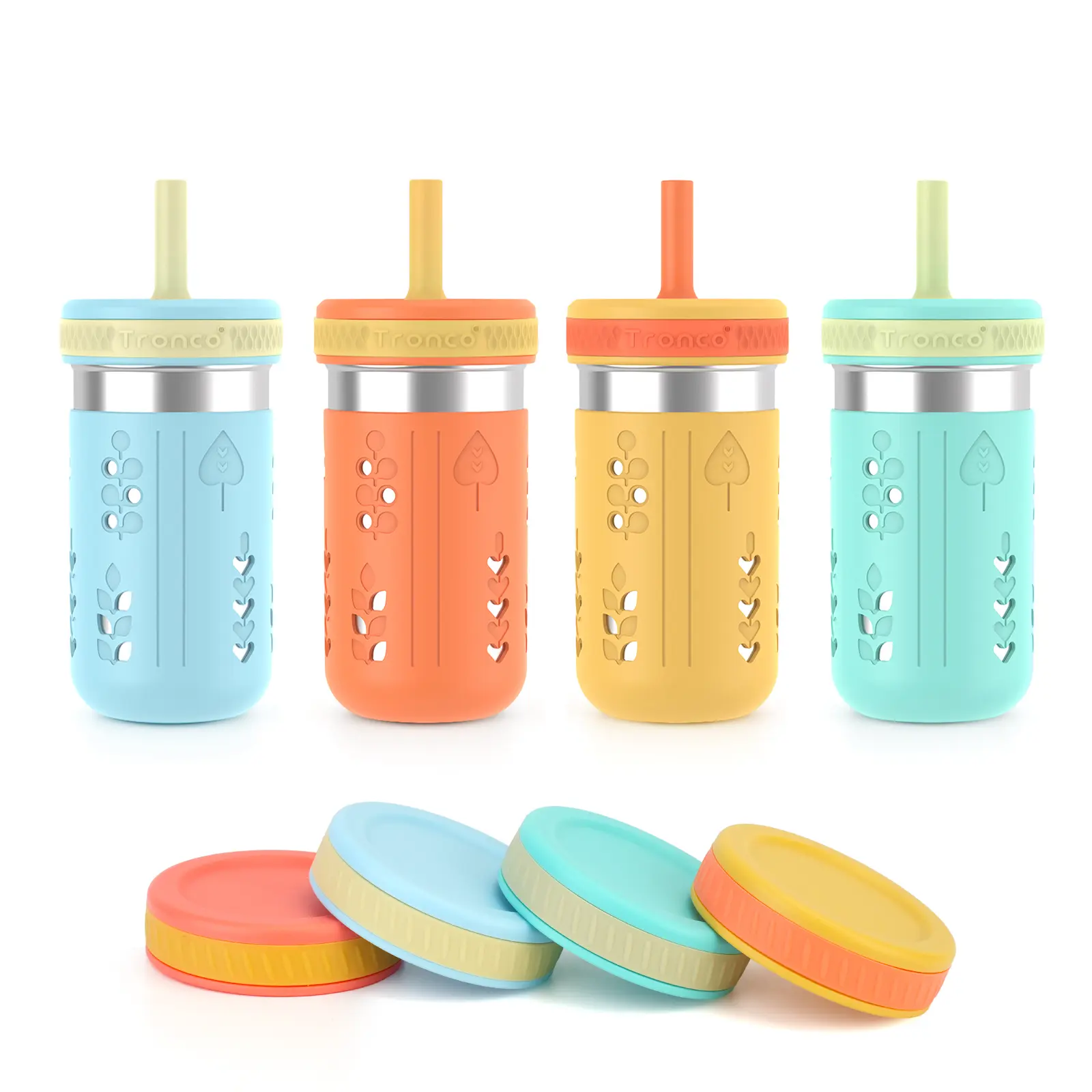 Tronco 4-Pack 15oz 2-in-1 Stainless Steel Kids Tumbler Cups - Steel Body, Silicone Sleeves, Spill-Resistant Flexible Straws, Storage Lids, BPA-Free, Durable Plant Motif Dishwasher-Safe Snack & Smoothie Cups