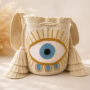 Handmade Wayuu Large Bag Artisan Crochet with Stones Evil Eye Design Unique Bohemian Style with Gold Crystals and Side Tassels
