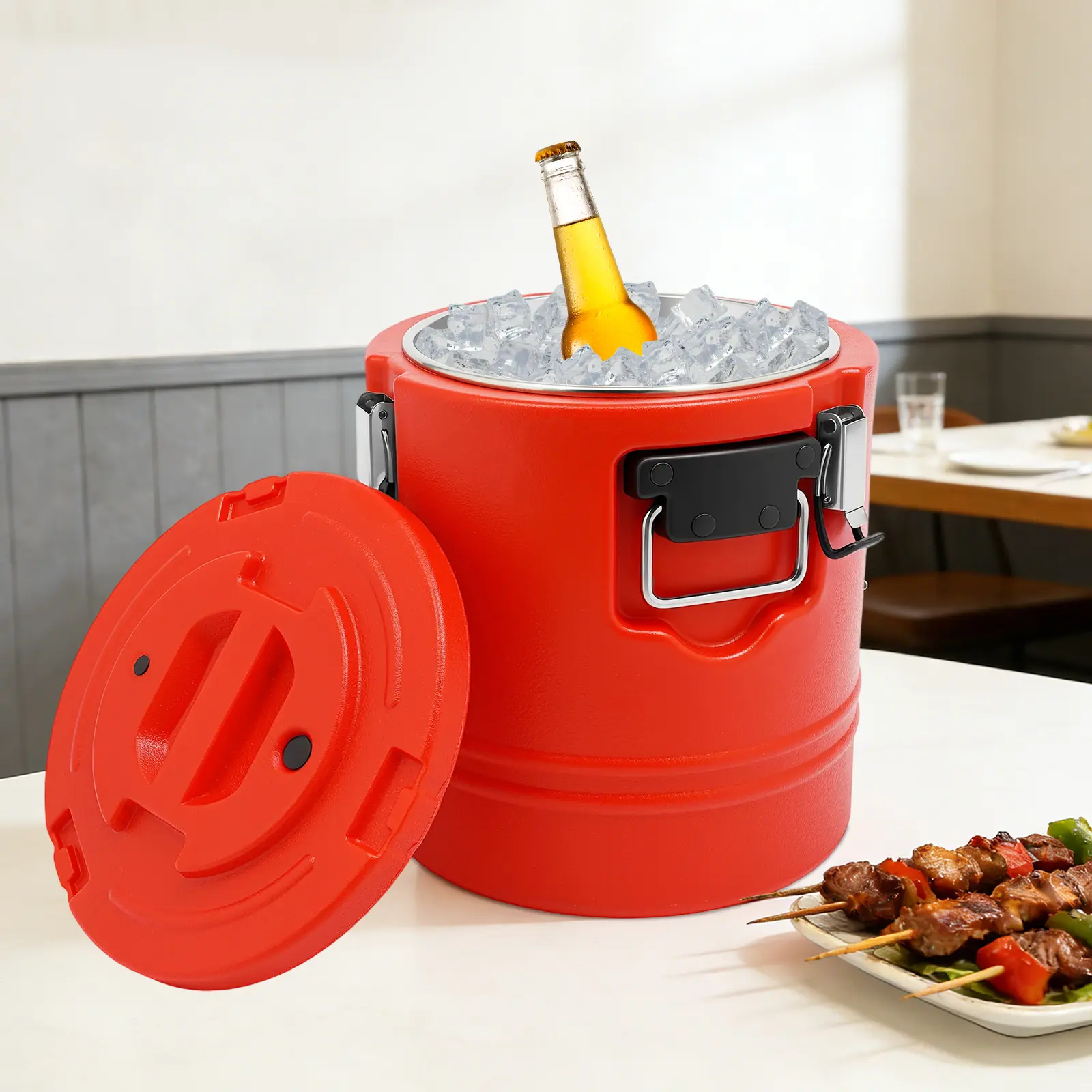 15.85Qt Round Stainless Steel Thermal Bucket - 3-Layer Insulated, Leak-Proof, Temperature-Retaining Portable Outdoor Soup & Drink Carrier for Events, Picnics, Picnic, Anti-Leakage, Temperature Preservation