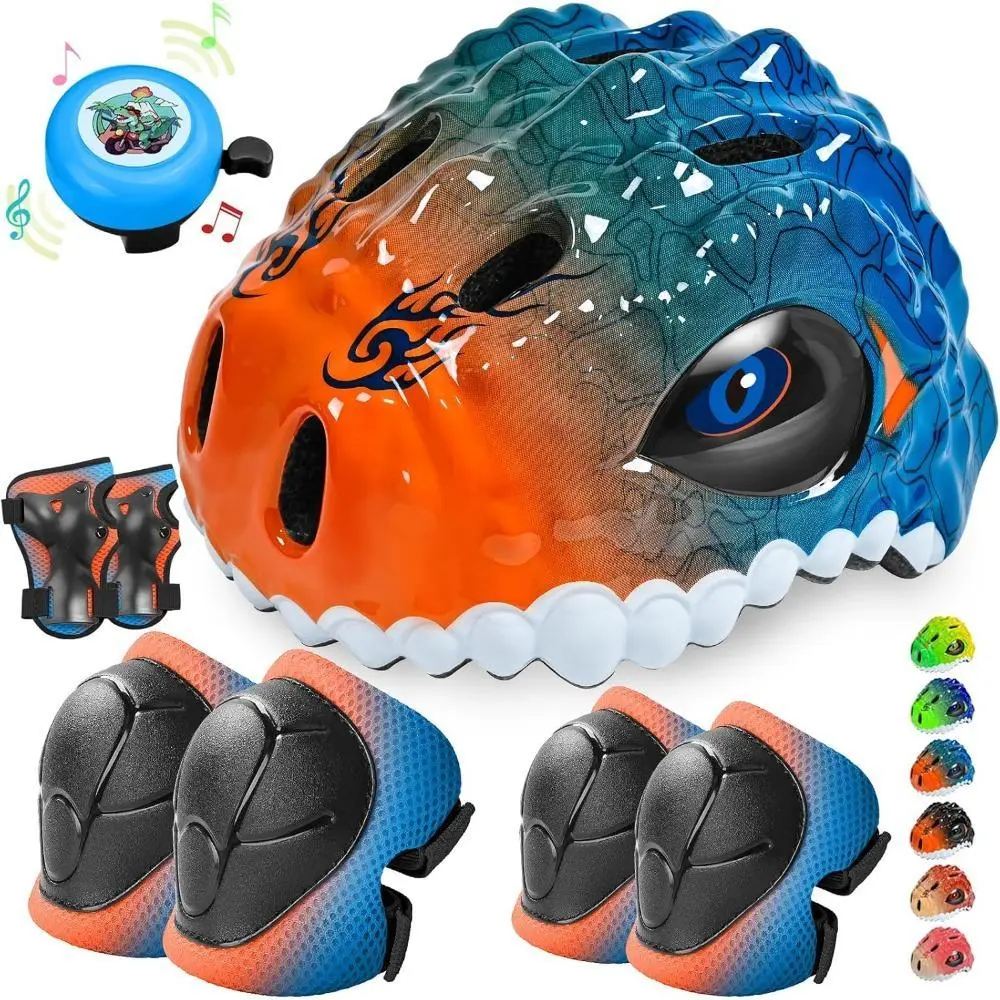 Kids 3D Dinosaur 7-in-1 Lightweight Adjustable Bicycle Helmet & Pads Set - Head, Wrist Adjustable Safety Gear, Multifunctional for Toddlers’ Cycling, Skateboarding, Elbow, Removable Padding, Secure, Soft Eva Knee Pads, Protective Equipment, Outdoor Sports