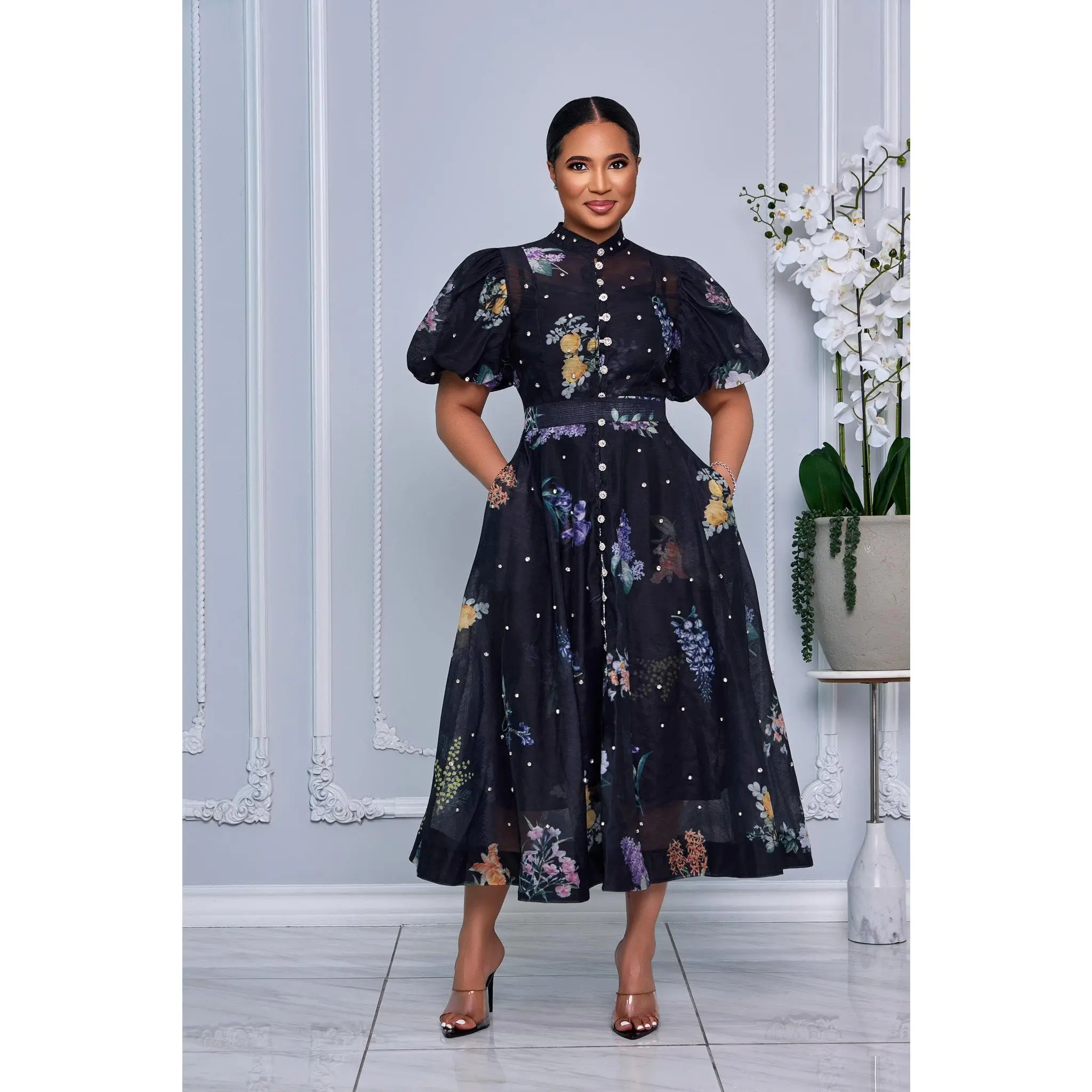 RHINESTONE EMBELLISHED BUTTON DOWN A-LINE DRESS (BLACK MULTI)