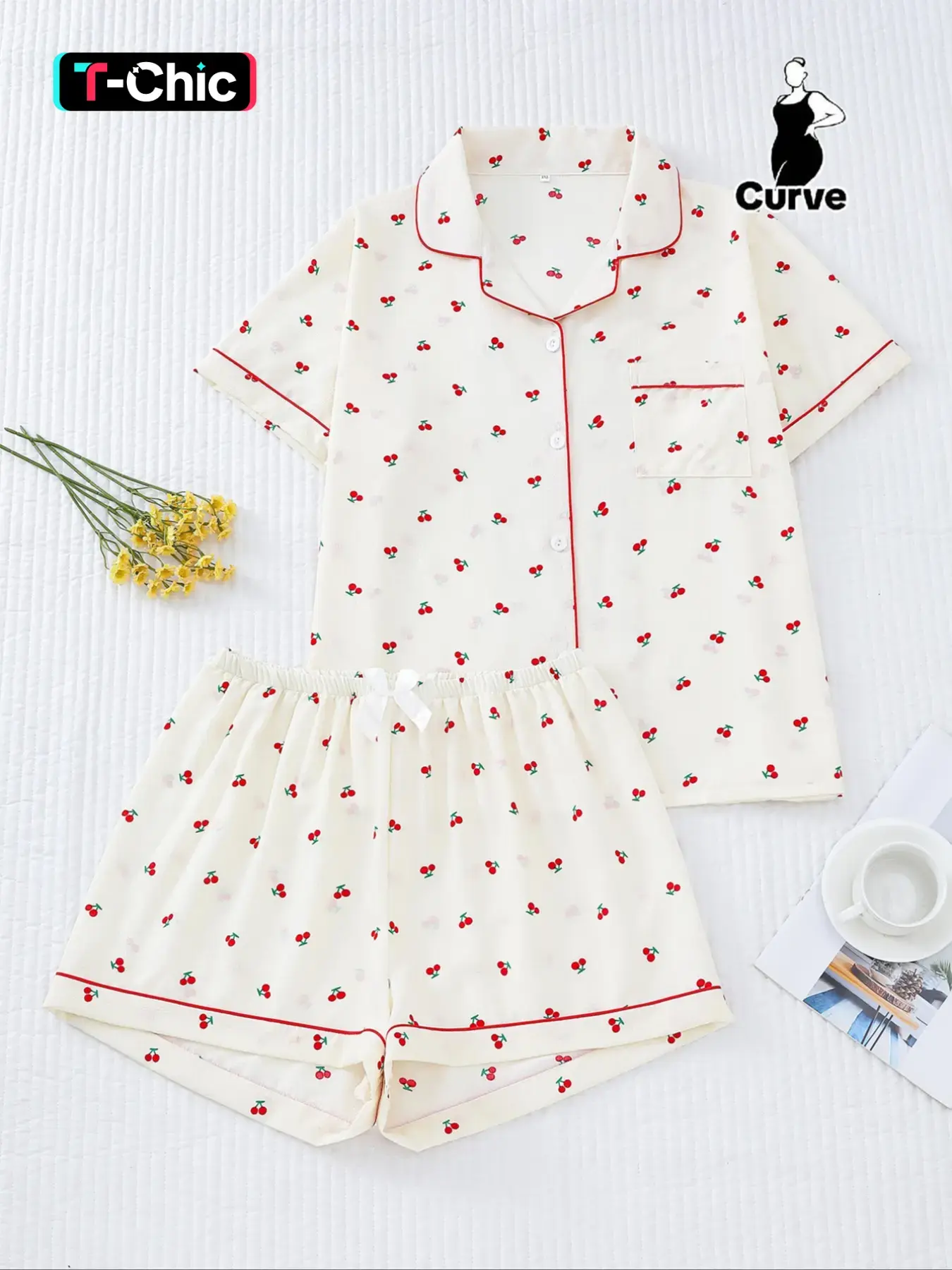 Women's Plus Size Cute Chic Cherry Fitted Summer Pajama Set, Outfit, Short Sleeve Lapel Cherry Print Top & Bow Shorts, Casual Home Wear, Comfortable Woven Fabric, Loungewear, Nightwear, Pjs, Pyjamas, Lounge Pajamas