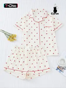 Women's Plus Size Cute Chic Cherry Fitted Pajama Set, Outfit, Short Sleeve Lapel Top & Bow Shorts, Casual Home Wear, Comfortable Woven Fabric, Loungewear, Nightwear, Pjs, Pyjamas