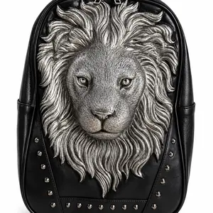Silver Lion Gothic Backpack – 3D Studded Punk Style Travel Bookbag SKU: 3049