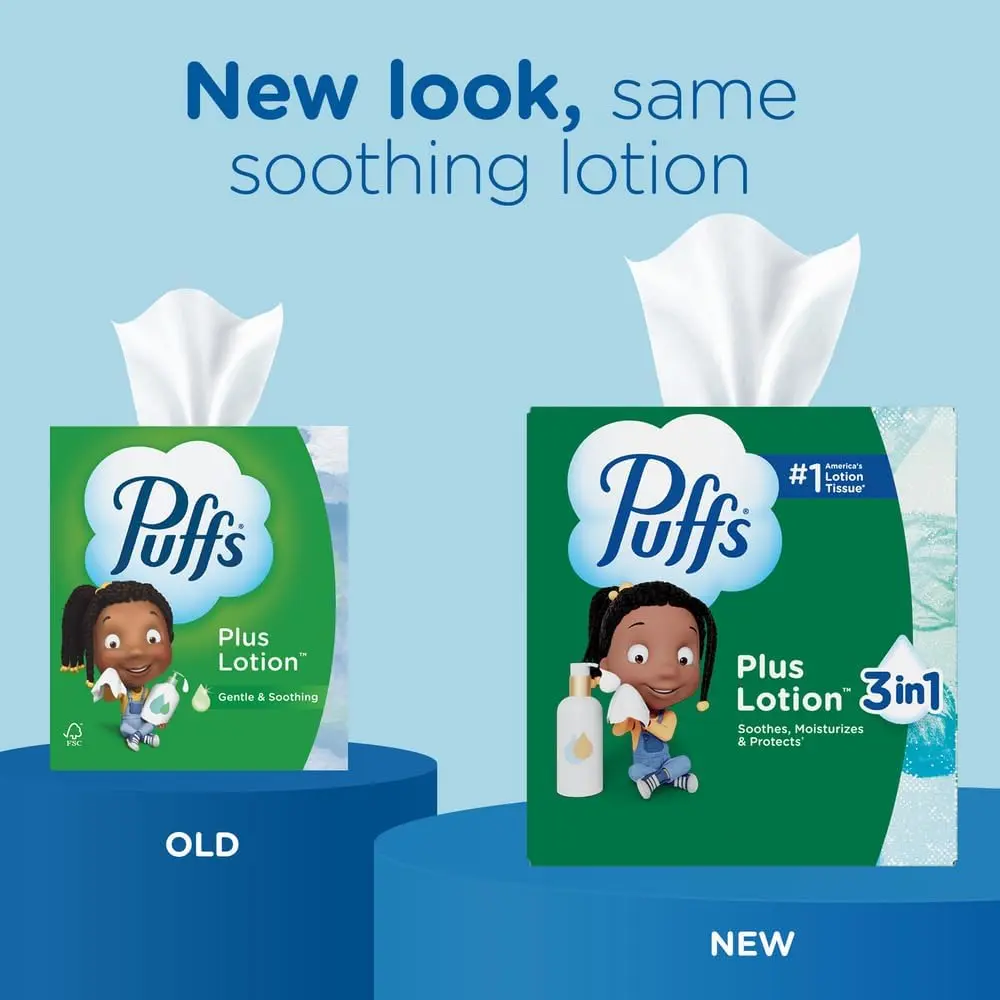 Puffs Facial Tissues Plus Lotion, 4 Family Boxes, 124 Facial Tissues per Box, Allergies and Colds (Packaging May Vary)