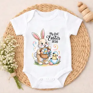 Premium Cotton Baby Bodysuit Easter Bunny With Eggs Print 100% Pure Cotton Non-Irritating Snap Closure Breathable Cozy Perfect For Gifting & Everyday