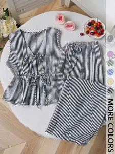 Women's Striped Sleeveless Drawstring Waist Top and Straight Leg Pants Set, Versatile Summer, 2 Piece Set