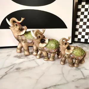 Green Red Gold Patterned Elephant Resin Art Piece for Home Office Decor Tabletop Display Large Size 13x12.5x5.5cm Synthetic Resin