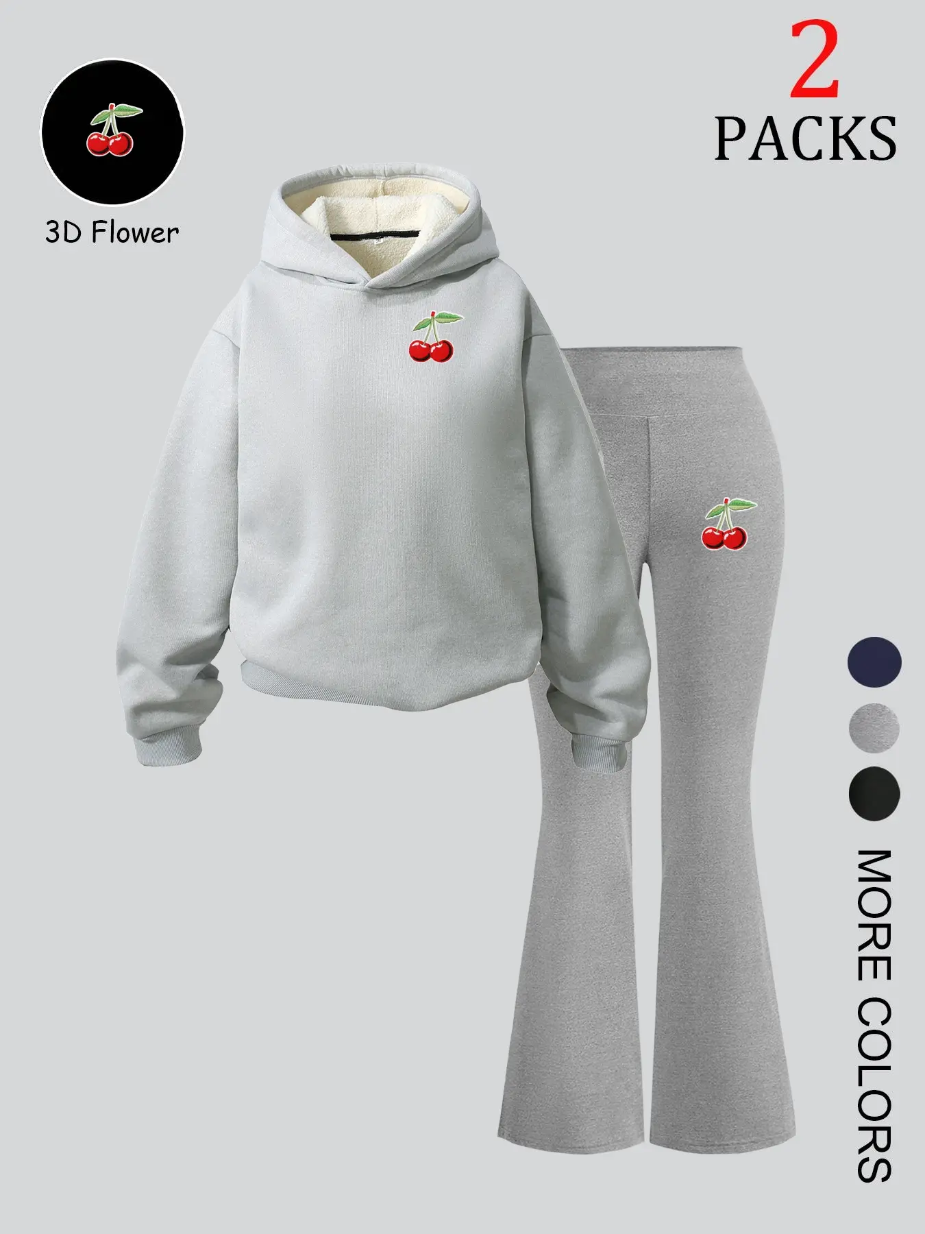 Women's Embroidered Cherry Hoodie Set, Thick Warm Lamb Fur Jacket & Comfortable Bell Bottom Pants, Casual Fashion for Daily Wear
