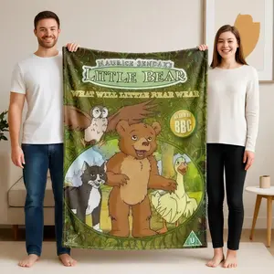 Little Bear Cartoon Flannel Blanket - Ultra-Soft 100% Polyester All-Season Throw with Vibrant Digital Print, Machine Washable for Bed, Sofa, Camping & Travel - Perfect Birthday & Holiday Gift, Cozy Home Decor, Playful Design, Plush Texture