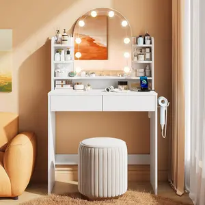 Vanity Desk with Arched Mirror, LED Lights 3 Colors & Power Outlet, Small Makeup Table with 2 Drawers & 6 Storage Shelves, Women Girls Vanity for Small Space