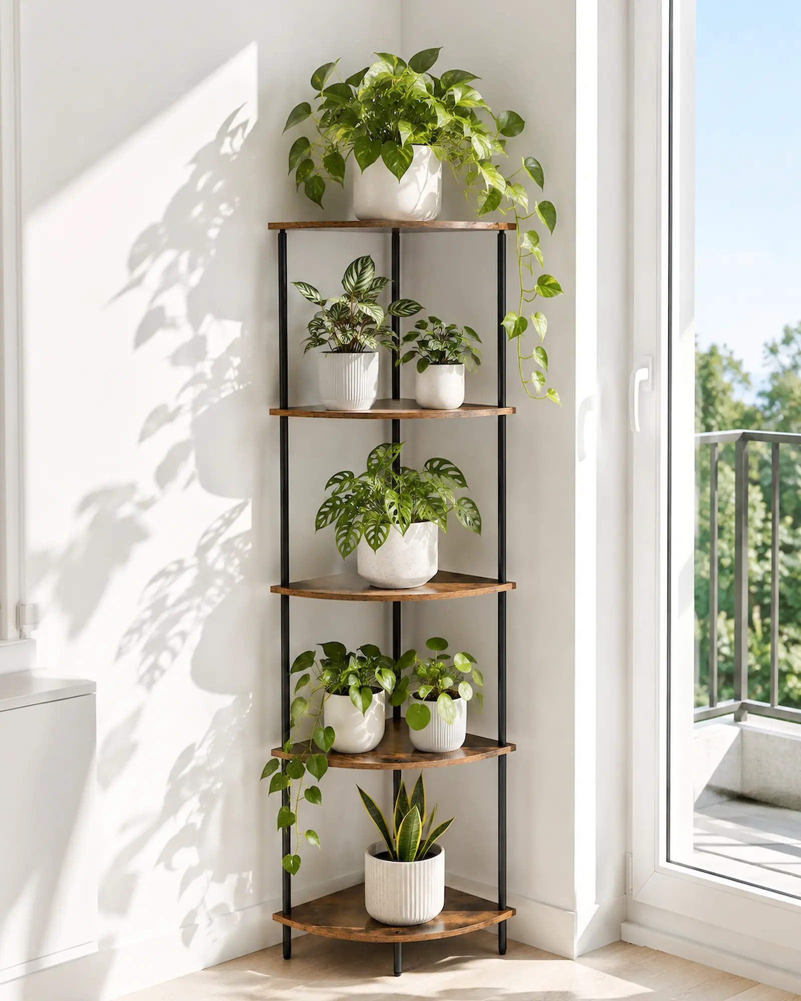 Bamworld Tiered 5-Tier Metal-Wood Corner Plant Stand, 66.9in Sturdy Corner Storage Shelf with Non-Slip Feet, Reinforced Frame for Living Room, Balcony (Torched Wood)