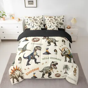 Dinosaur 7 Piece Bedding Set 3D Dino Print Comforter Set with Sheets,Pillowcases & Cushion Cover Vintage Animals Bed in a Bag Bedroom Decor Breathable Soft Wildlife