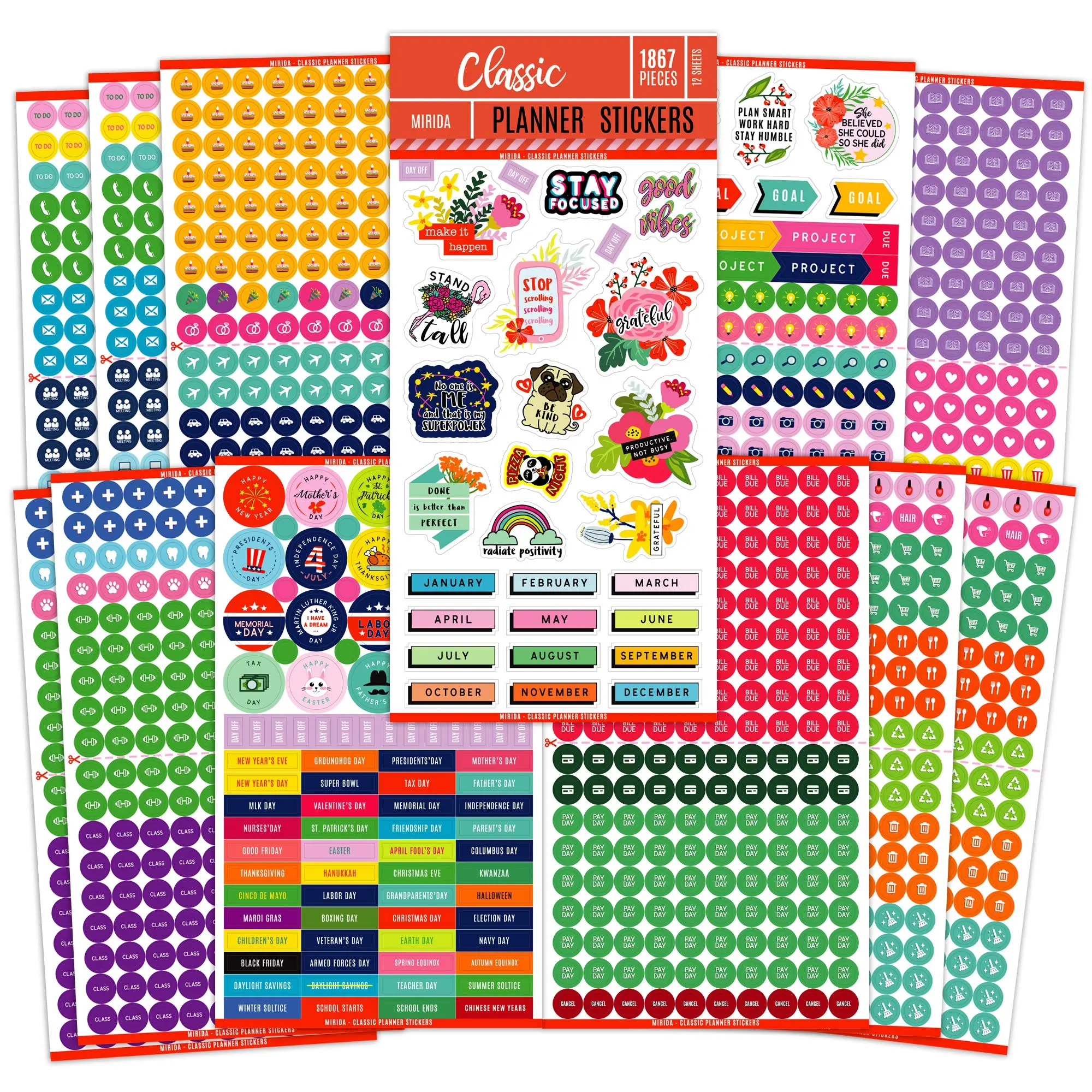 Planner Stickers 1867 Daily Icons and Inspirational Stickers Calendar - 12 Sheets for Budgeting, Work, and Holidays - Classic Pack for Office Supplies