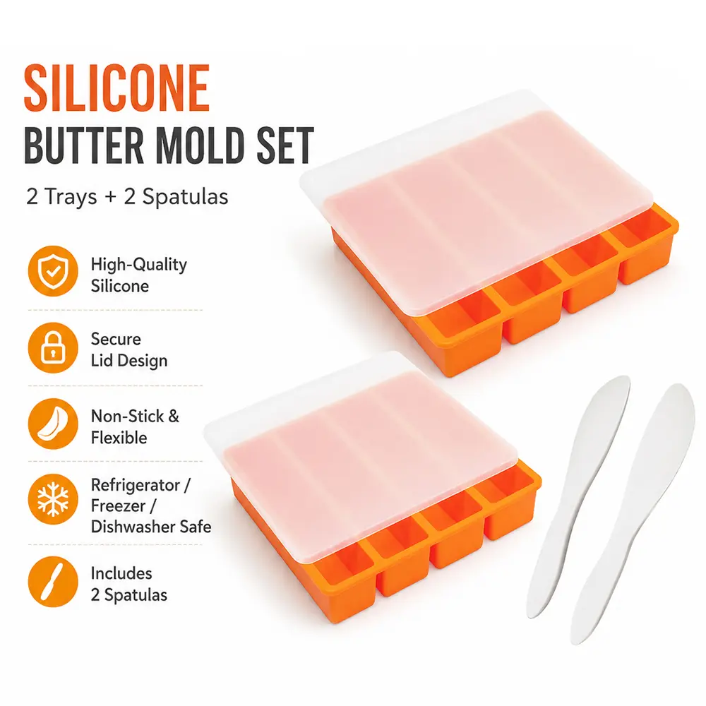 2-Pack Food Grade Silicone Kitchen Butter Molds with Lids - Nonstick Baking Mold, Large Cavity, Reusable, Easy to Clean, Freezing Compatible, Standard Fit, Chocolate & Sweet Moulds, Home Baking Supplies, 2 Spatulas