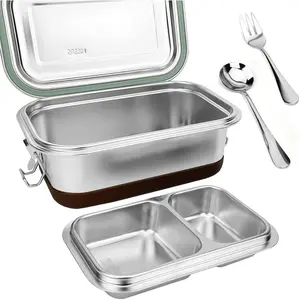 Large Container with Leakproof Lid, Stainless Meal Prep Container with 500ml Divided Compartments - Spoon&Fork/Anti-slip, 8.7'' x 5.5''