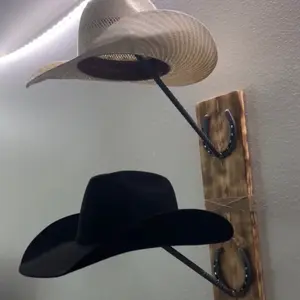 Cowboy Hat Rack, Rebar and Horseshoes Welded, Fire-Burned Finish, Wood Plank Mounting