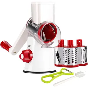 Rotary Cheese Grater Hand Crank, Kitchen Shredder Speed Mandolin Slicer Nuts Grinder with Handle and Drum Blades for Cheese, Vegetable, Chocolate, Potato, Carrot, 3 Blades, White Red Stylish Utensils