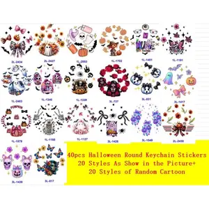 60pcs Halloween Round Keychain Sticker Set Including 20pcs Round Keychains + 40pcs UV DTF Stickers