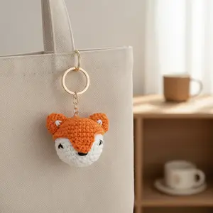 Cute Crochet Fox Keychain, Handmade Silver Color Chain with Synthetic Stone Decor, Portable Pendant Bag Accessory, Fashion Lover Birthday Gift, Crochet Amigurumi Keychain