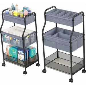 3-Tier Baby Diaper Organizer and Cart, Mobile Cart with Rolling Wheels for Nursery with 4+2 Dividers, Large Capacity Rolling Cart For Bedroom,, Nursery