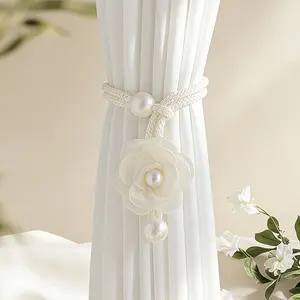 Boho Style 3D Flower Curtain Tiebacks, Pearl Embellished Adjustable Curtain Hooks, Elegant Living Room Bedroom Curtain Ties, 2pcs Set, Window Decorations Supplies
